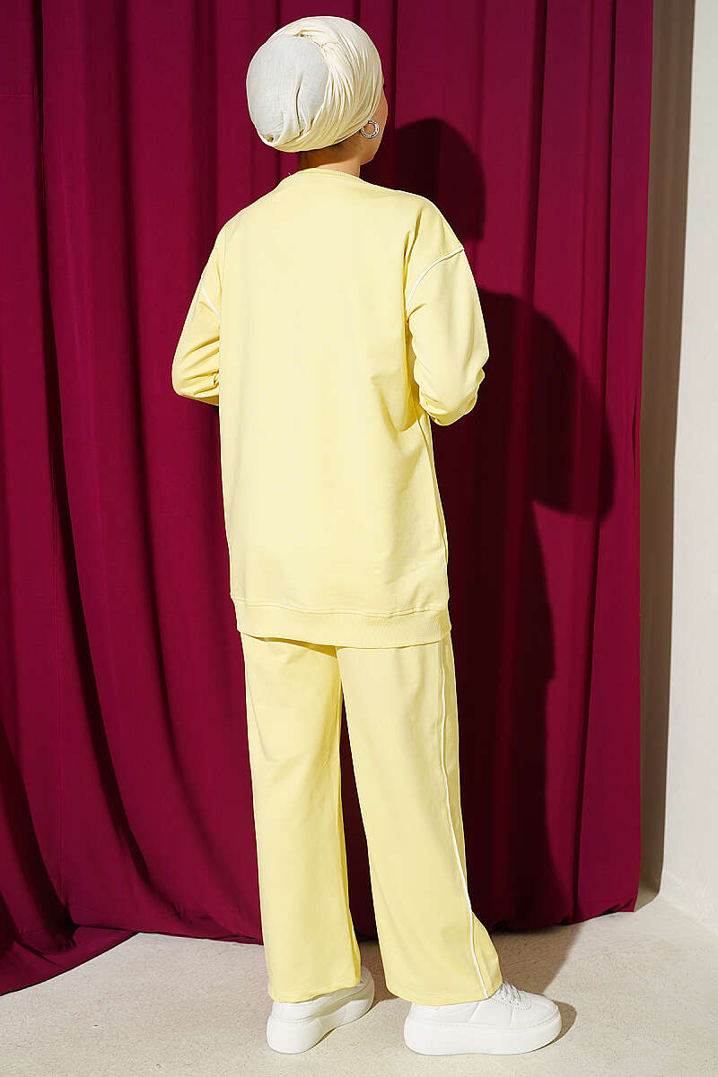 Crew-Neck Two-Piece Set with Stripe Trim - Yellow
