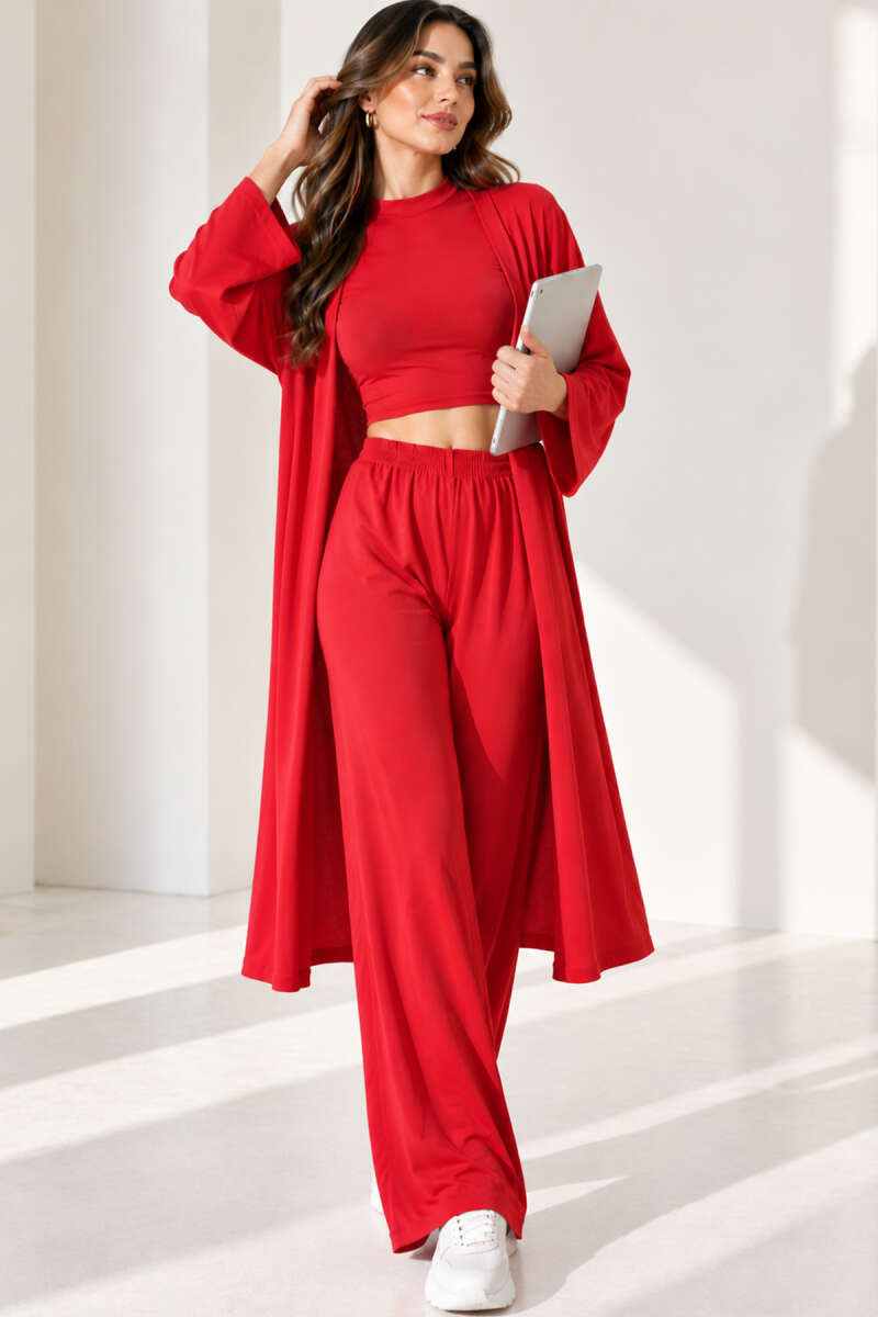 Crew-Neck Three-Piece Set - Red
