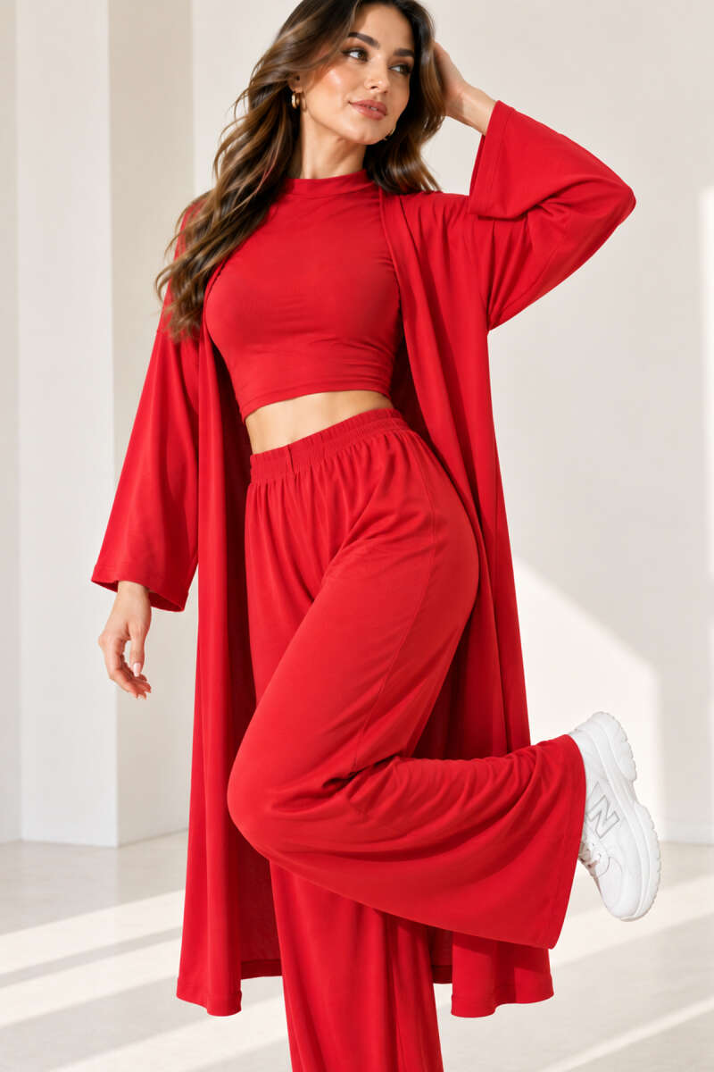 Crew-Neck Three-Piece Set - Red