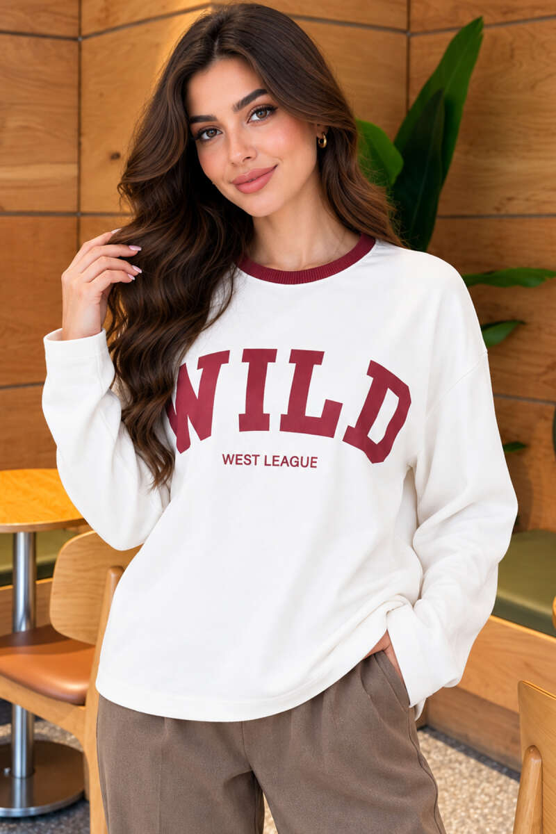 Crew-Neck Wild Print Blouse - Burgundy