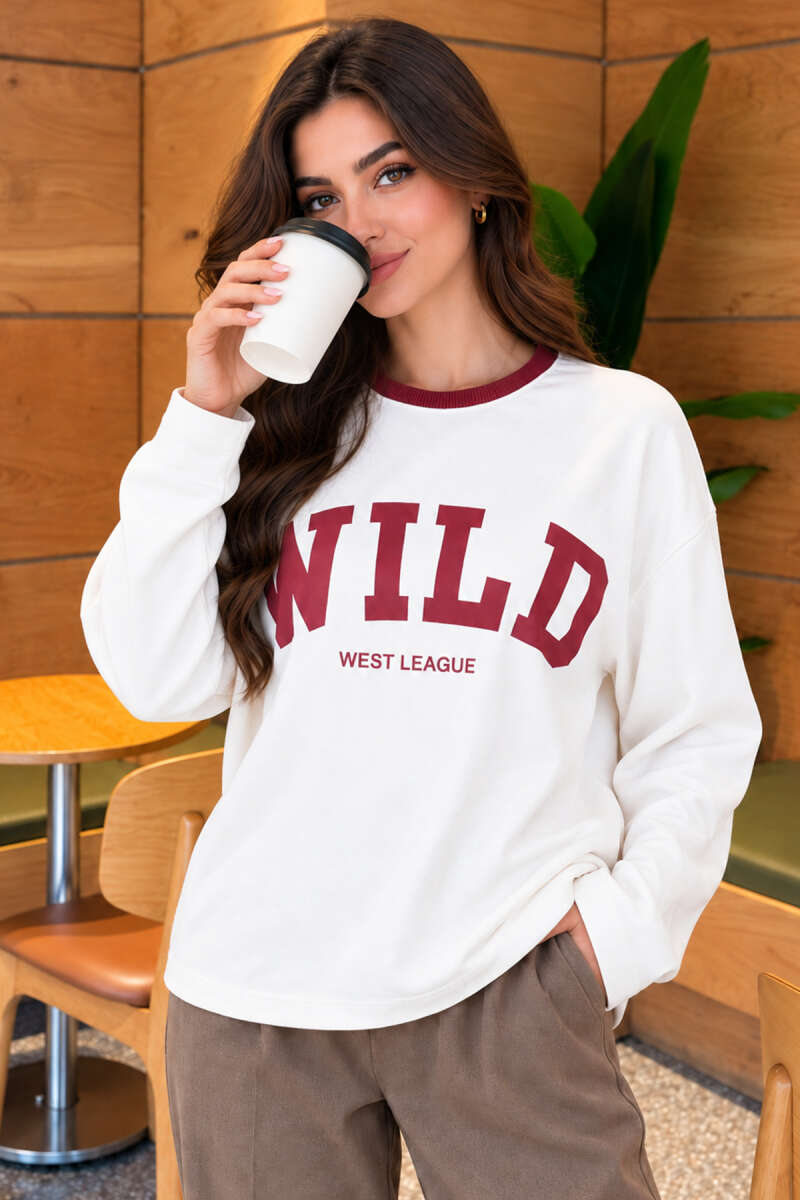 Crew-Neck Wild Print Blouse - Burgundy