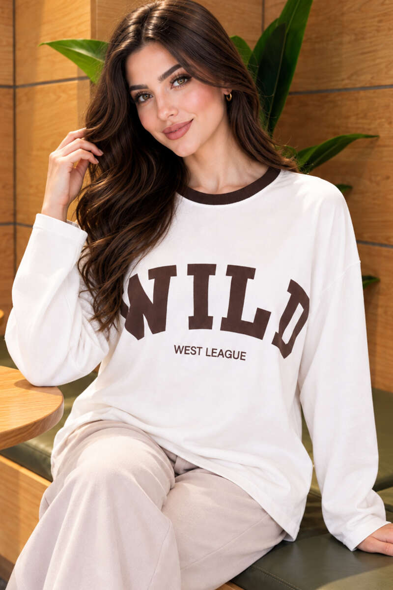 Crew-Neck Wild Print Blouse - Brown