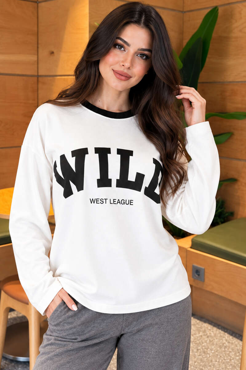 Crew-Neck Wild Print Blouse - Black
