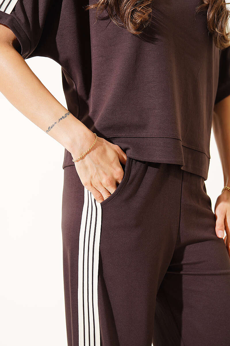 Crew-Neck Two-Piece Set with Side Stripes - Brown