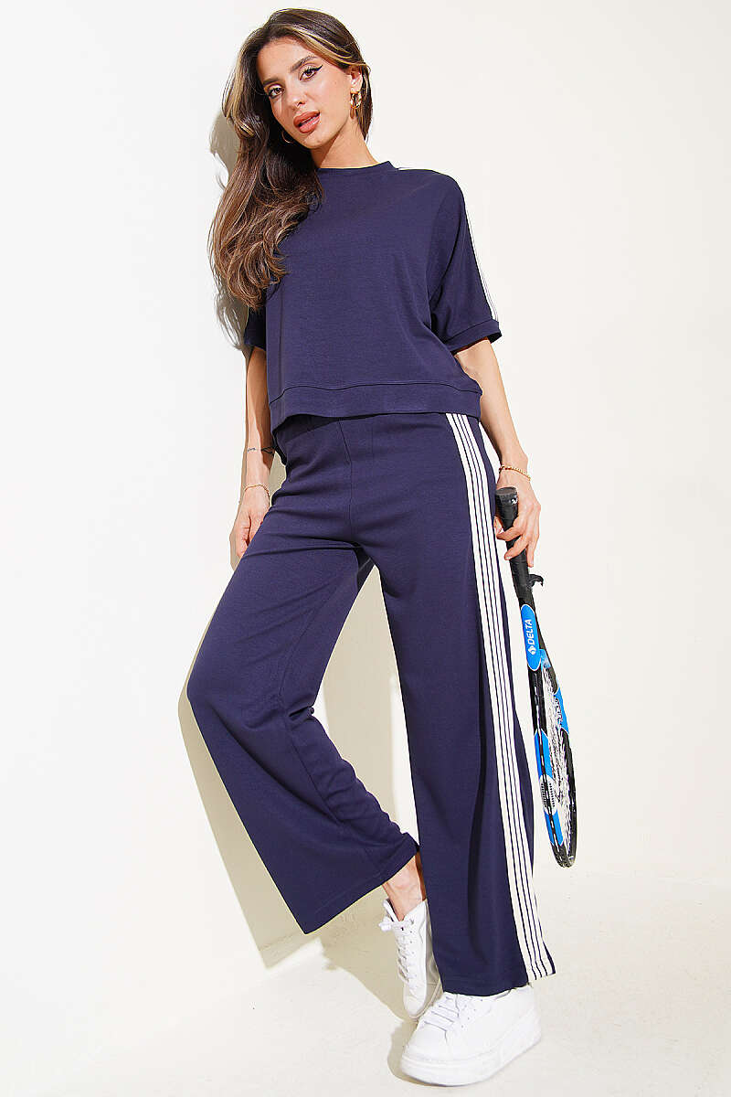 Crew-Neck Two-Piece Set with Side Stripes - Navy