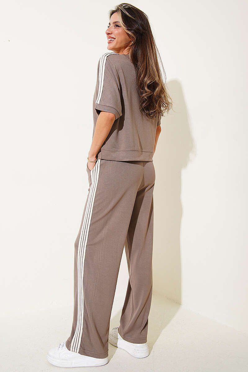 Crew-Neck Two-Piece Set with Side Stripes - Mink