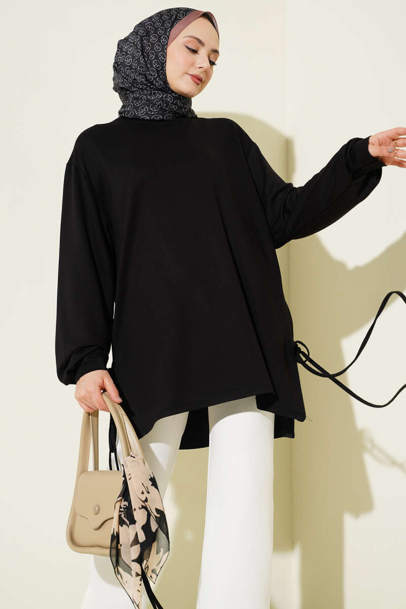 Crew-Neck Tunic with Side Ties - Black