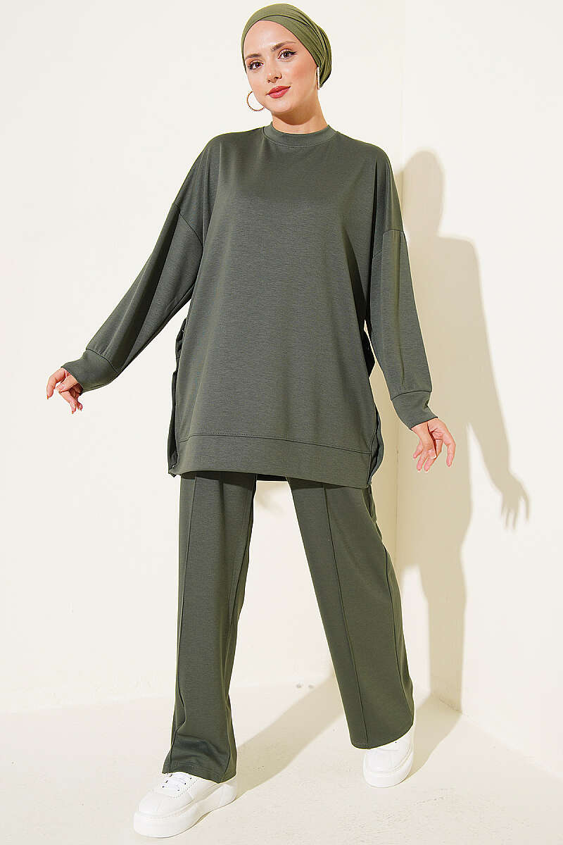 Crew-Neck Two-Piece Set with Side Metal Buttons - Khaki