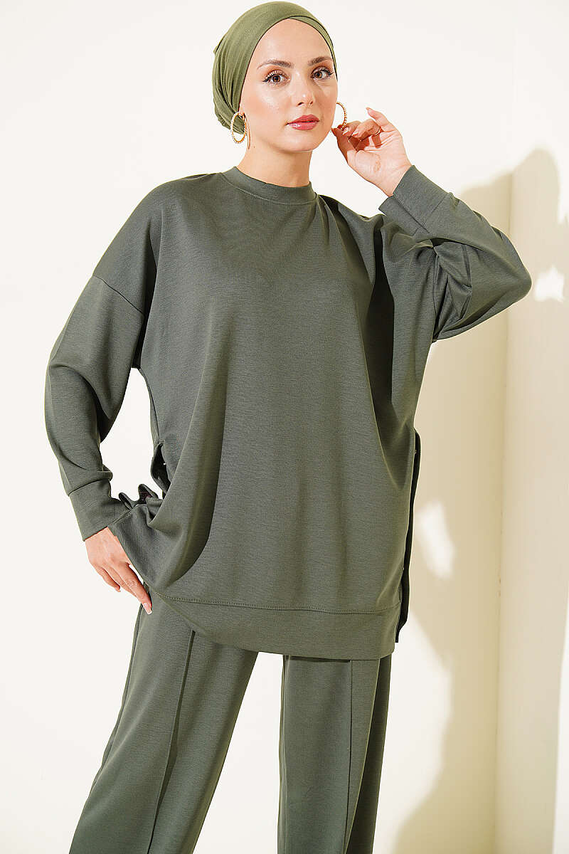 Crew-Neck Two-Piece Set with Side Metal Buttons - Khaki