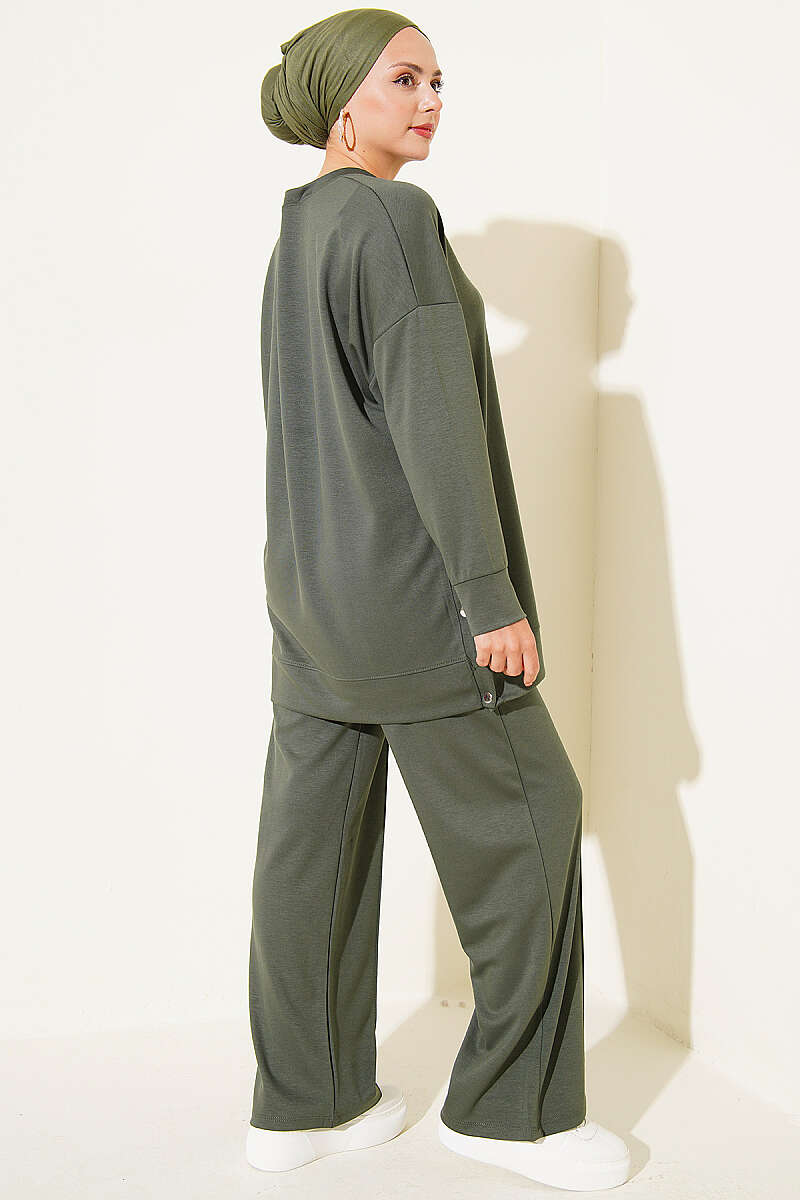 Crew-Neck Two-Piece Set with Side Metal Buttons - Khaki