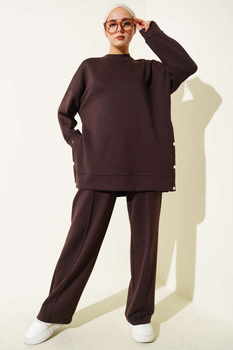 Crew-Neck Two-Piece Set with Side Metal Buttons - Brown