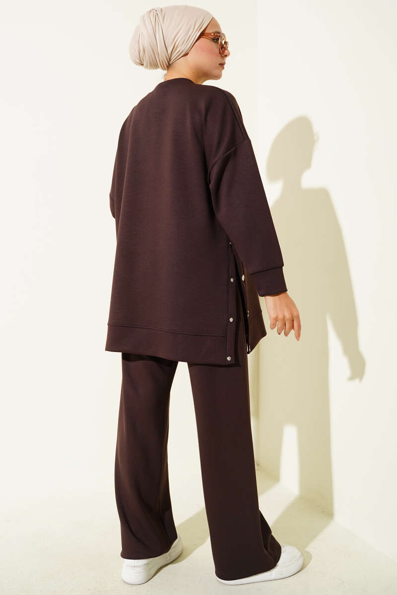 Crew-Neck Two-Piece Set with Side Metal Buttons - Brown