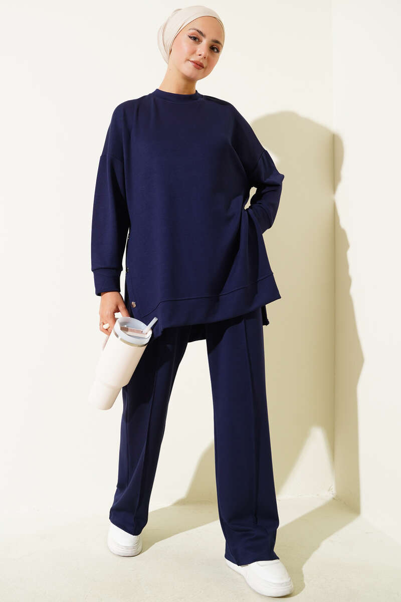 Crew-Neck Two-Piece Set with Side Metal Buttons - Navy