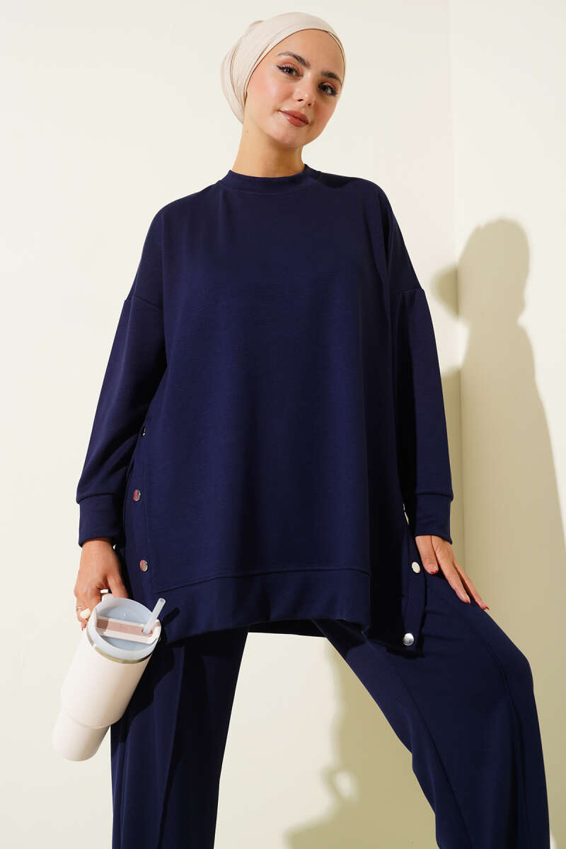 Crew-Neck Two-Piece Set with Side Metal Buttons - Navy