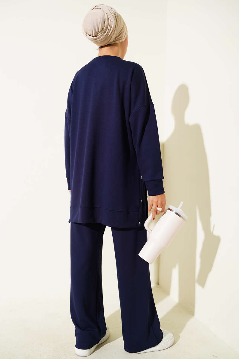 Crew-Neck Two-Piece Set with Side Metal Buttons - Navy