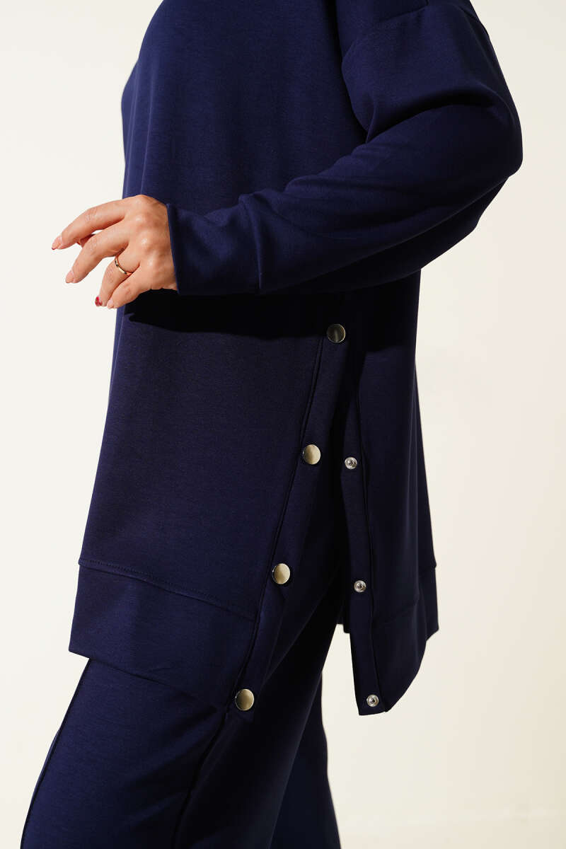 Crew-Neck Two-Piece Set with Side Metal Buttons - Navy