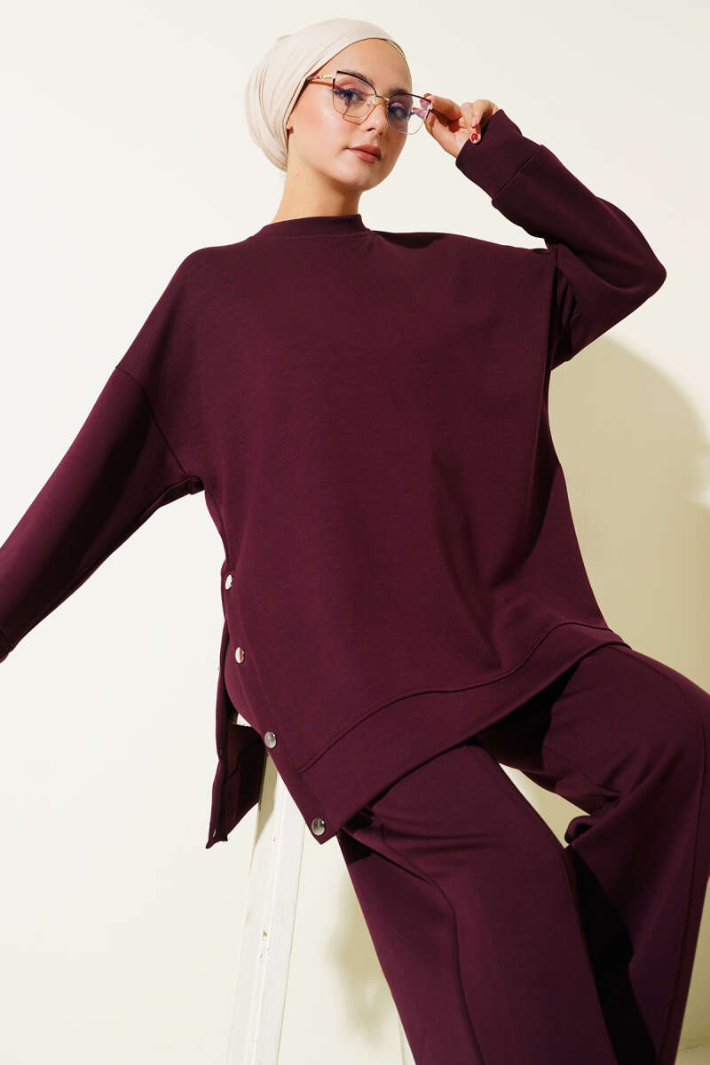 Crew-Neck Two-Piece Set with Side Metal Buttons - Plum