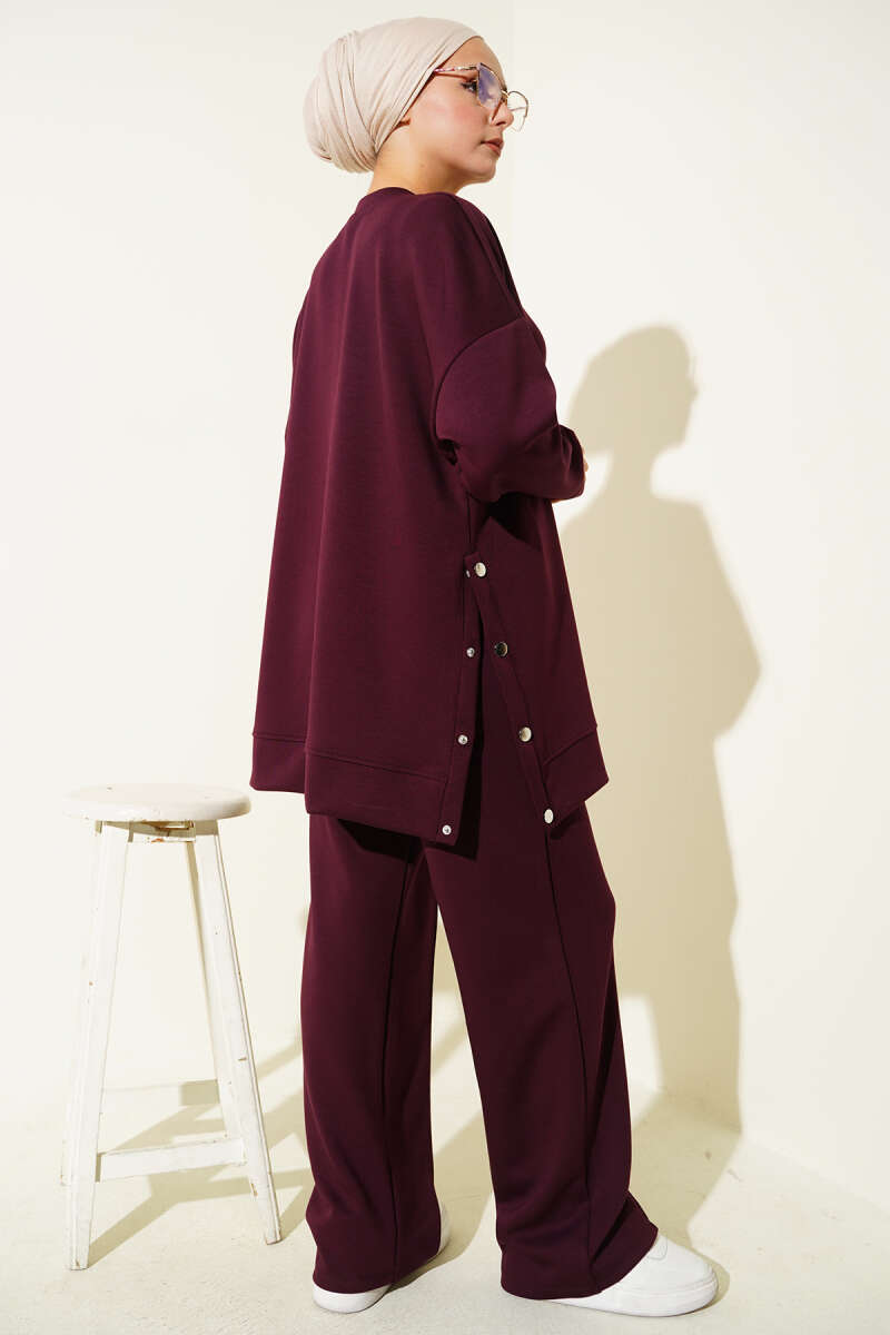 Crew-Neck Two-Piece Set with Side Metal Buttons - Plum