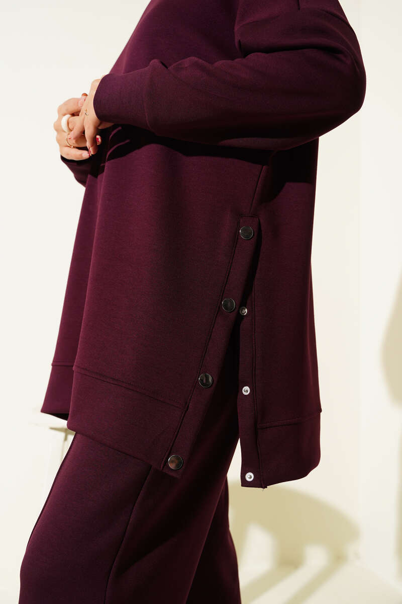 Crew-Neck Two-Piece Set with Side Metal Buttons - Plum