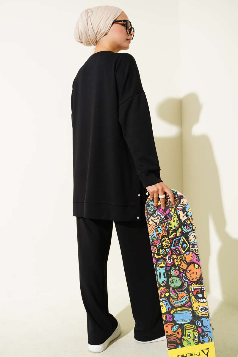 Crew-Neck Two-Piece Set with Side Metal Buttons - Black