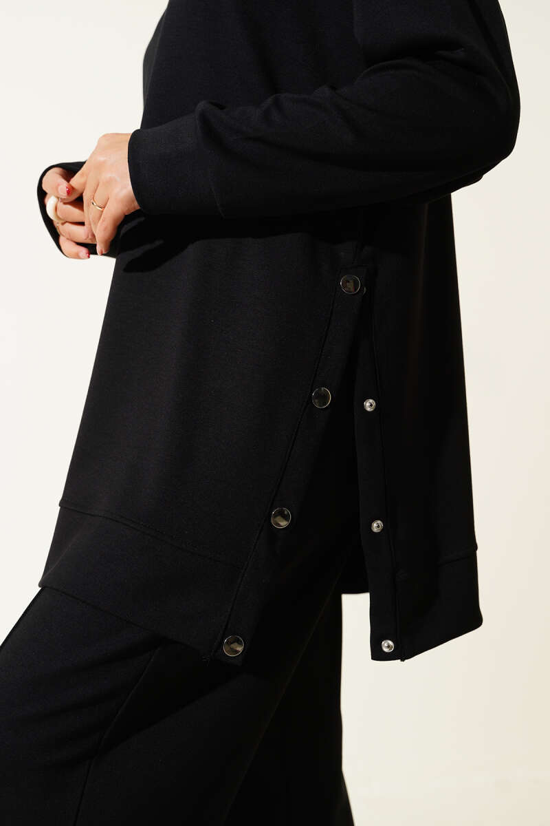 Crew-Neck Two-Piece Set with Side Metal Buttons - Black