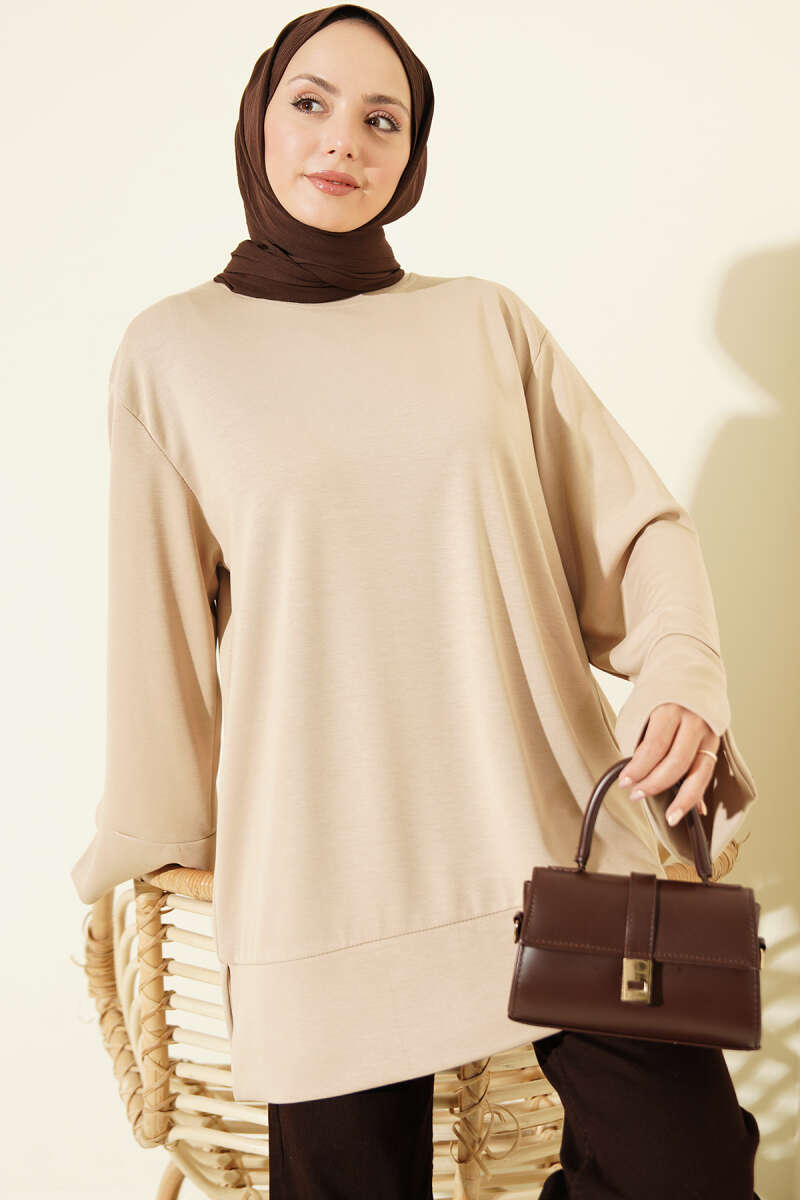 Crew-Neck Tunic with Slit Detail - Beige