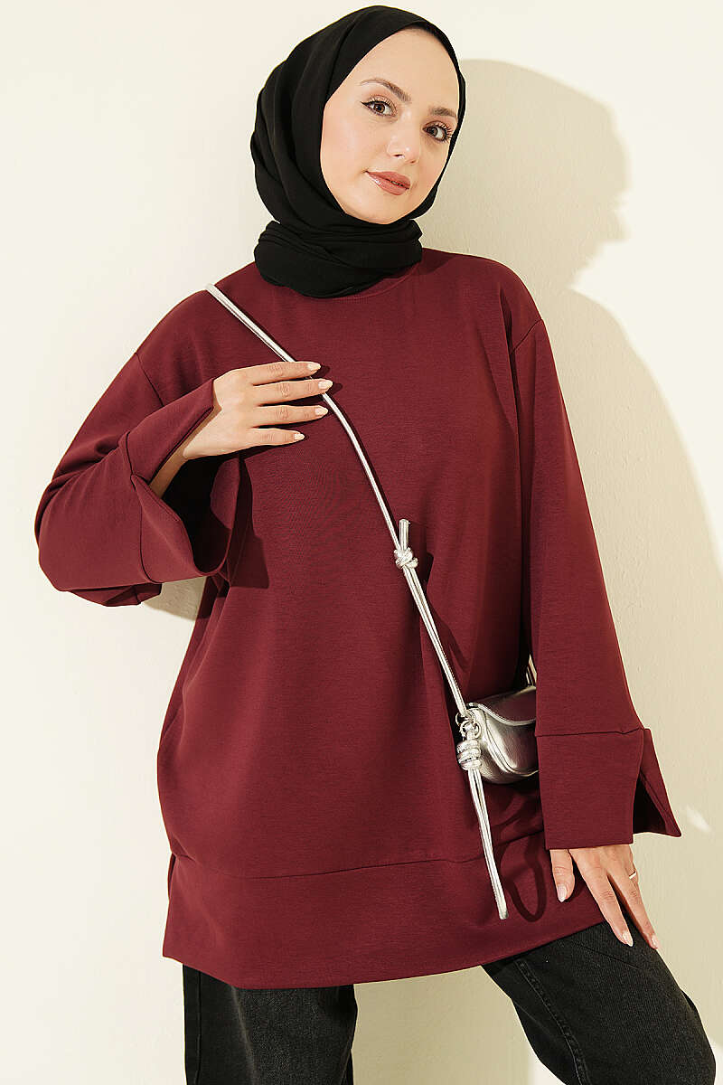 Crew-Neck Tunic with Slit Detail - Burgundy