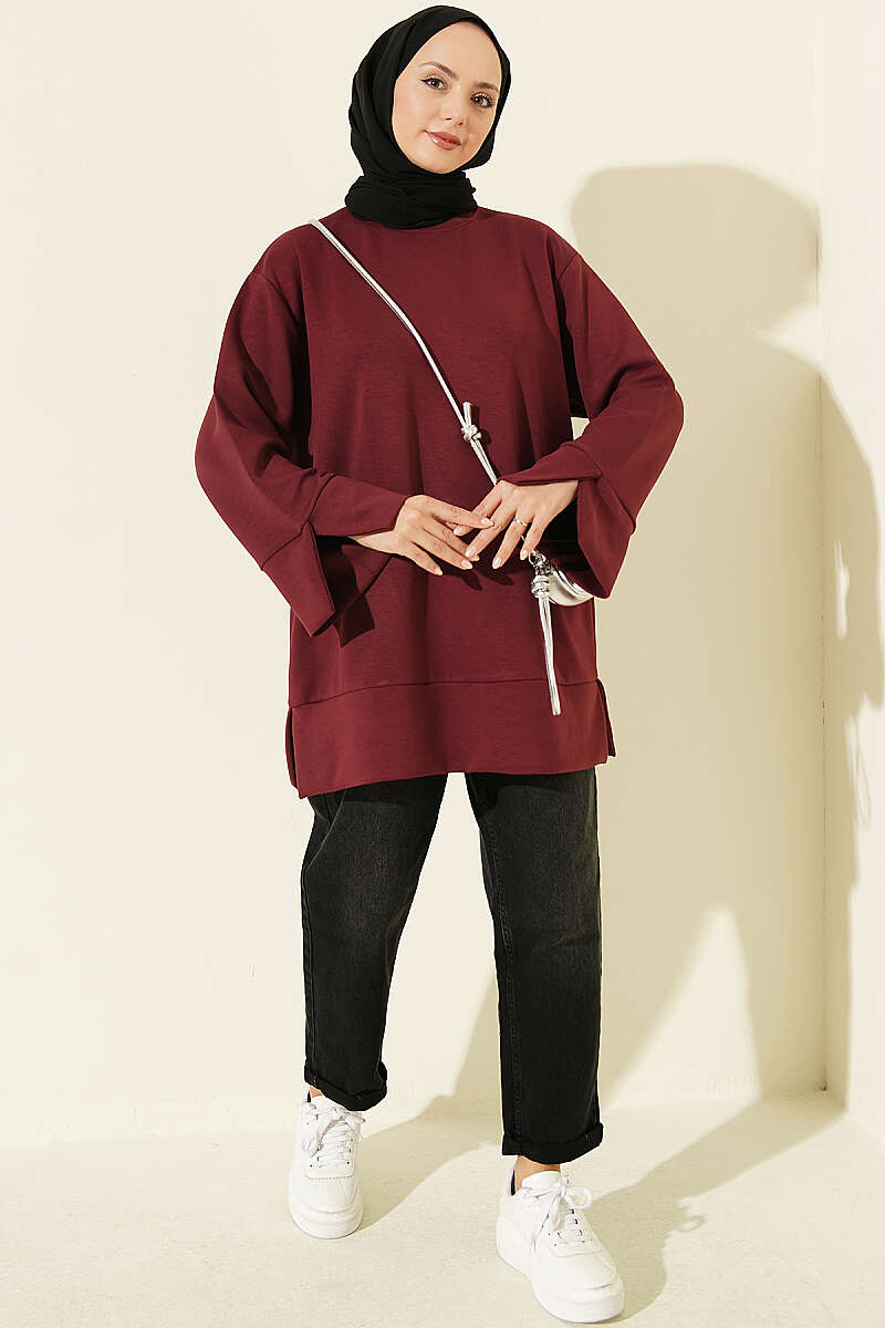 Crew-Neck Tunic with Slit Detail - Burgundy