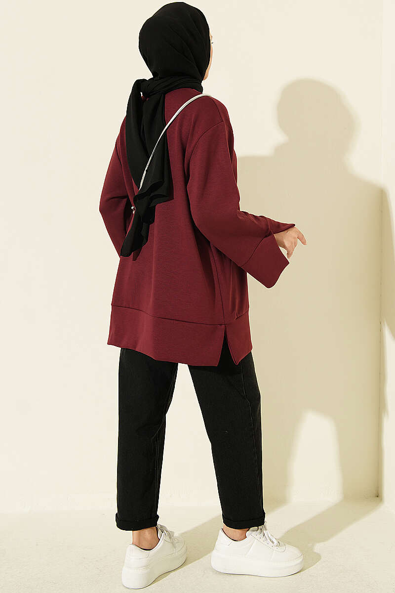 Crew-Neck Tunic with Slit Detail - Burgundy