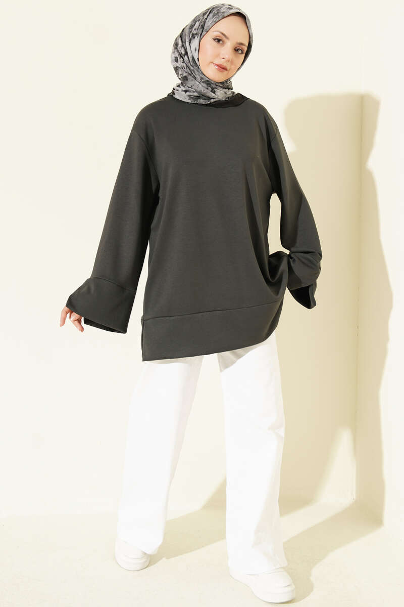 Crew-Neck Tunic with Slit Detail - Smoke Grey