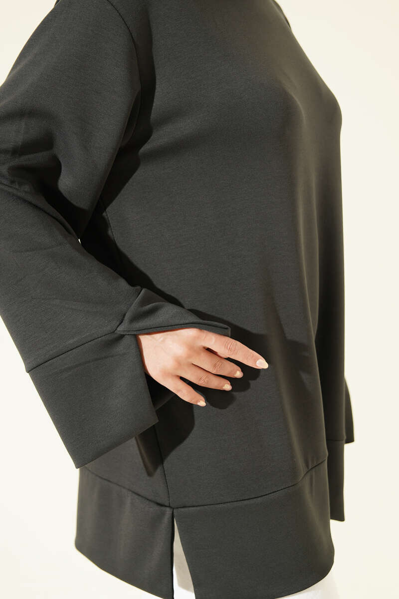 Crew-Neck Tunic with Slit Detail - Smoke Grey