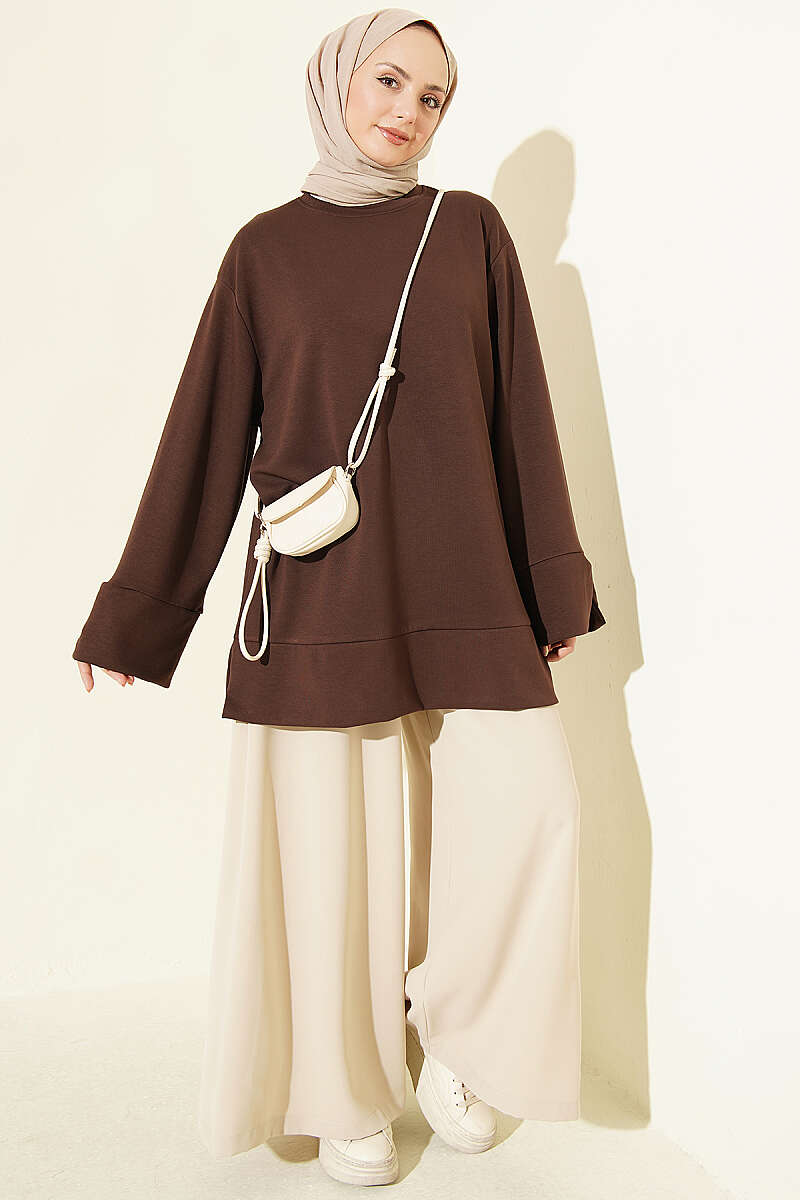 Crew-Neck Tunic with Slit Detail - Brown