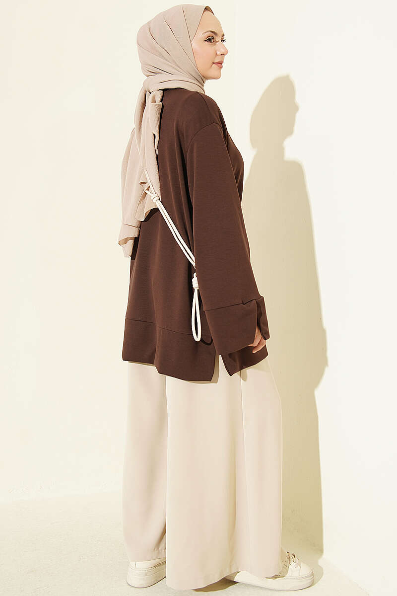 Crew-Neck Tunic with Slit Detail - Brown