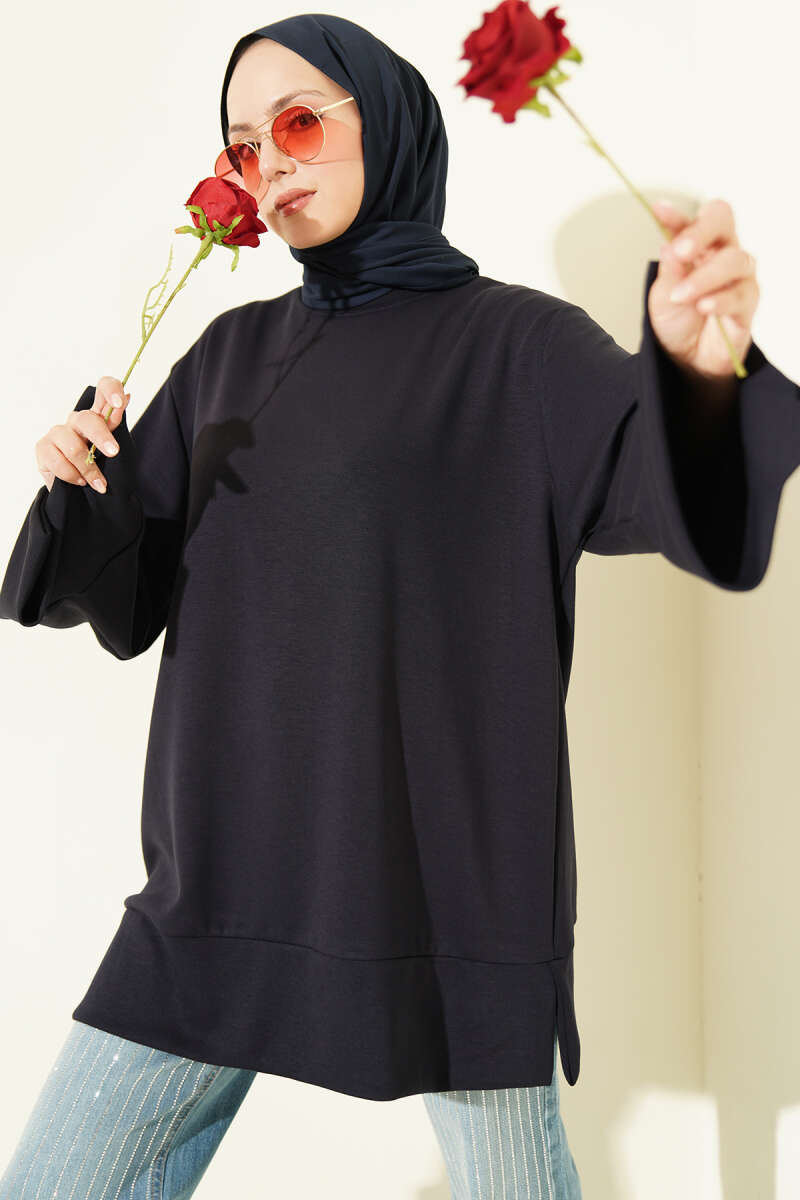 Crew-Neck Tunic with Slit Detail - Navy