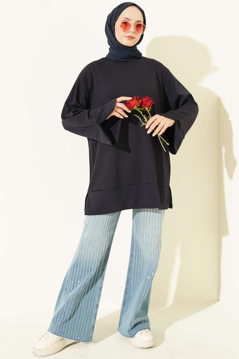 Crew-Neck Tunic with Slit Detail - Navy