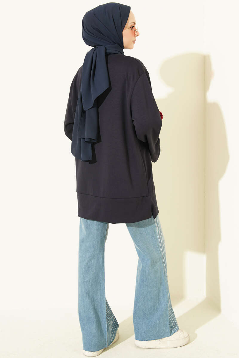 Crew-Neck Tunic with Slit Detail - Navy