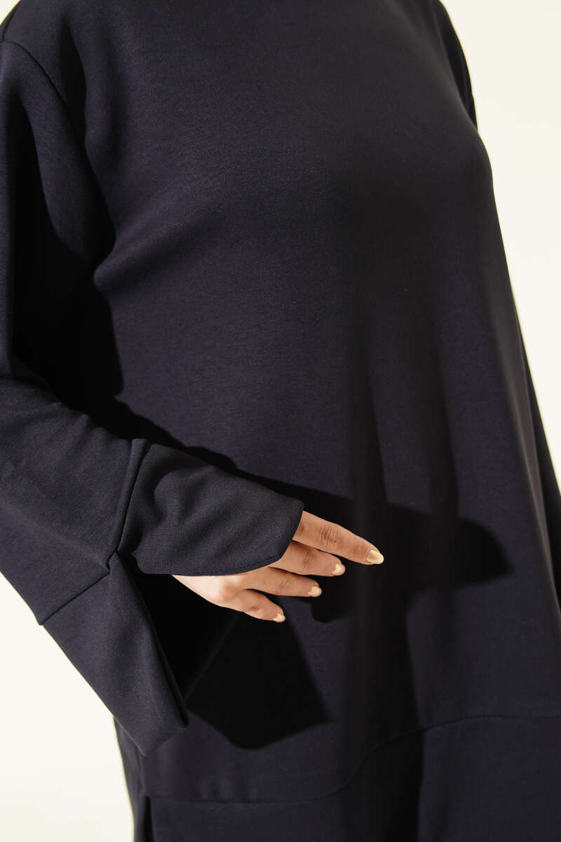 Crew-Neck Tunic with Slit Detail - Navy