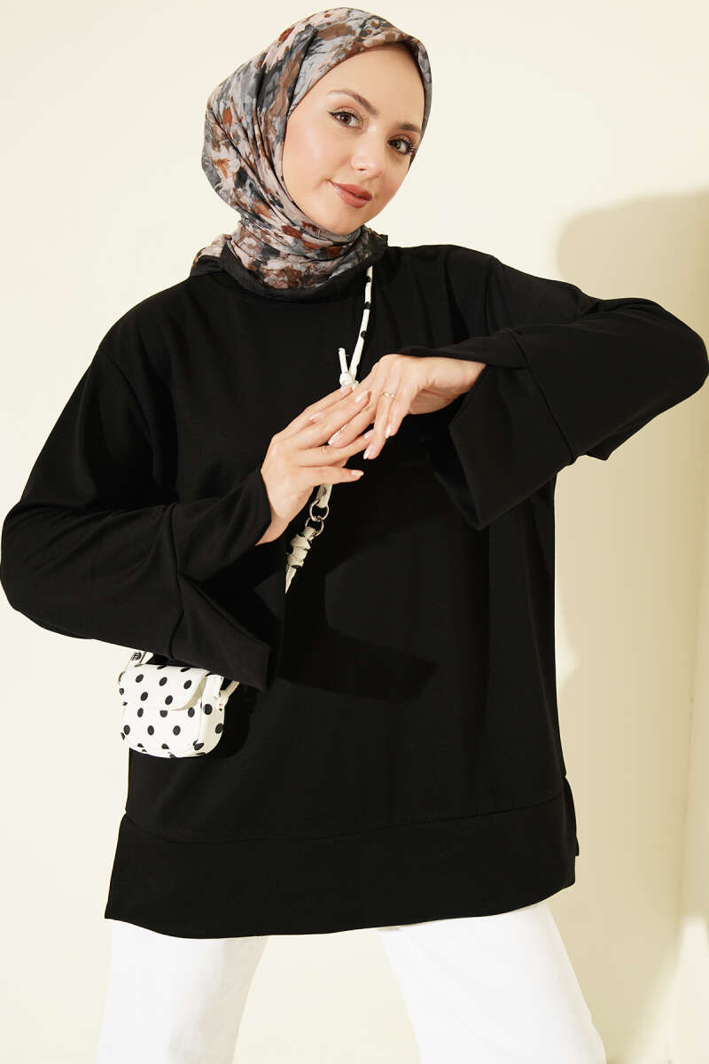 Crew-Neck Tunic with Slit Detail - Black