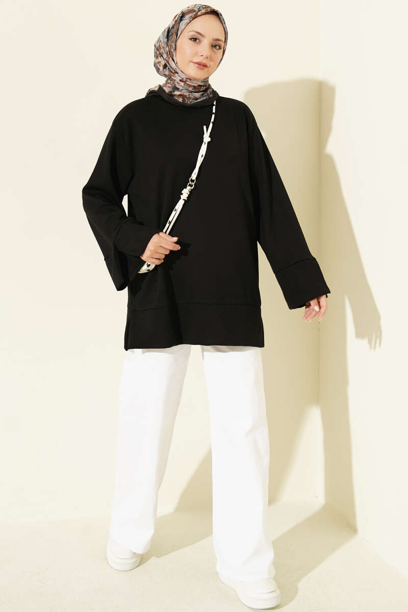 Crew-Neck Tunic with Slit Detail - Black