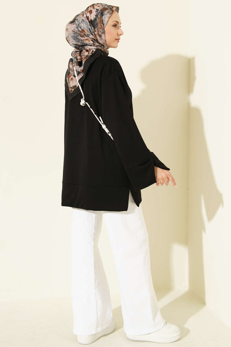 Crew-Neck Tunic with Slit Detail - Black