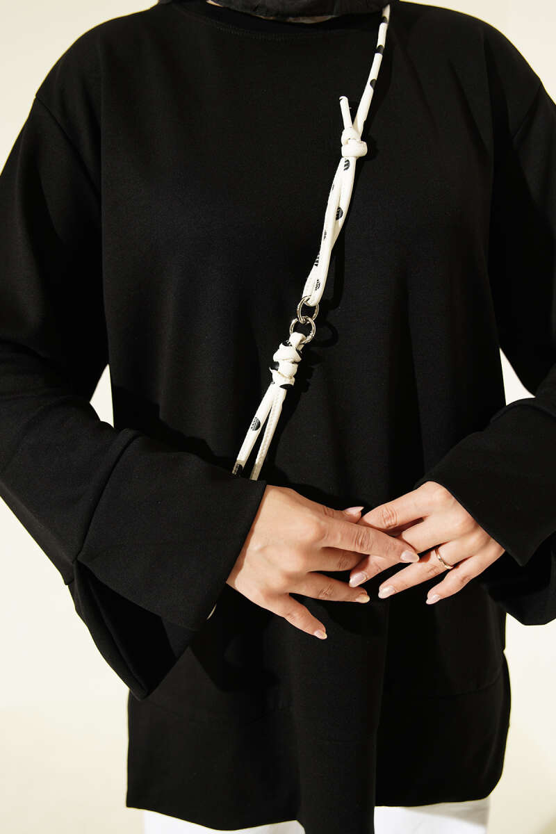 Crew-Neck Tunic with Slit Detail - Black
