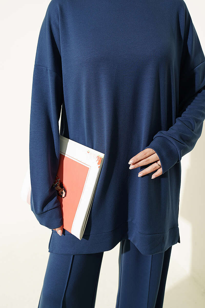 Basic Crew-Neck Two-Piece Set with Slits - Navy