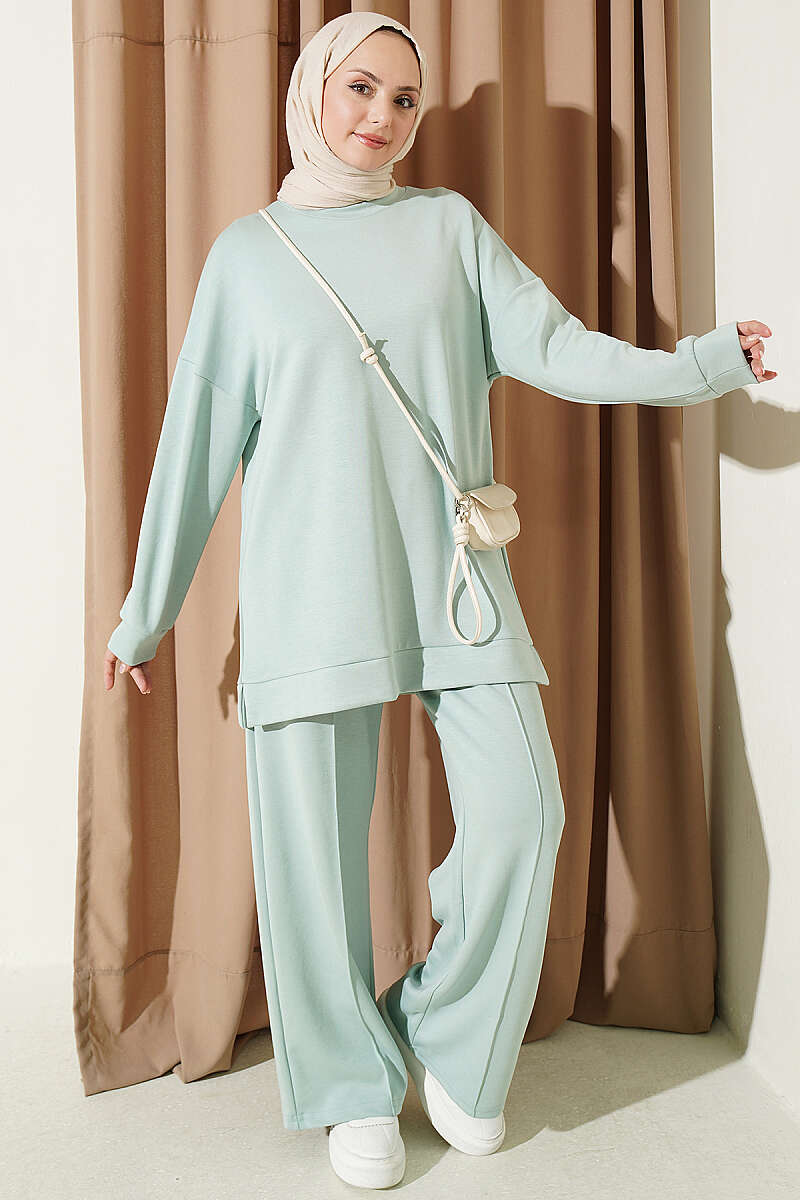 Basic Crew-Neck Two-Piece Set with Slits - Aqua Green