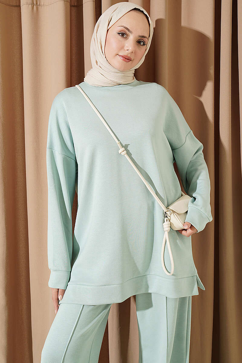 Basic Crew-Neck Two-Piece Set with Slits - Aqua Green