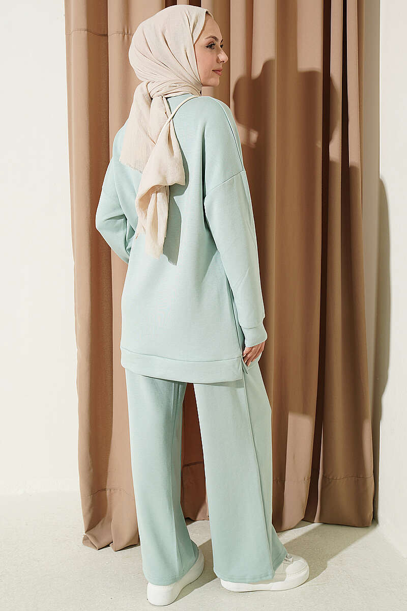 Basic Crew-Neck Two-Piece Set with Slits - Aqua Green