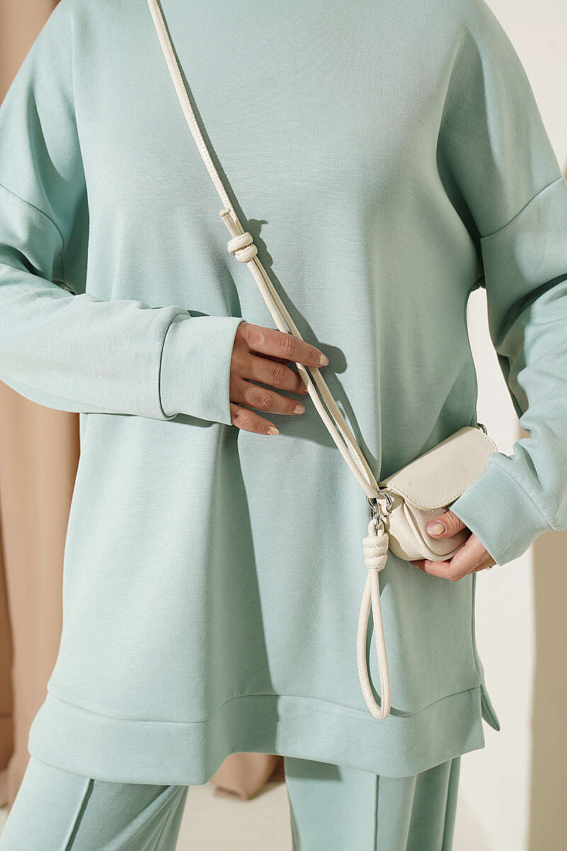 Basic Crew-Neck Two-Piece Set with Slits - Aqua Green