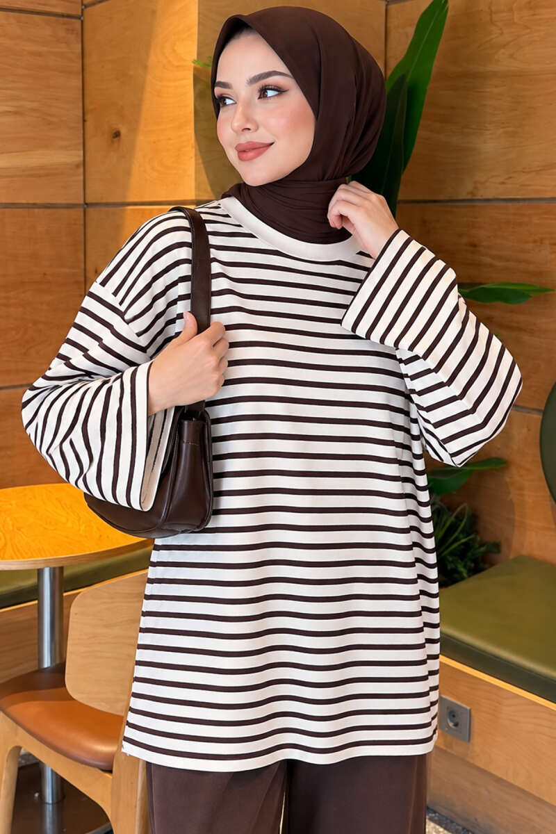 Striped Crew-Neck Tunic with Slits - Brown