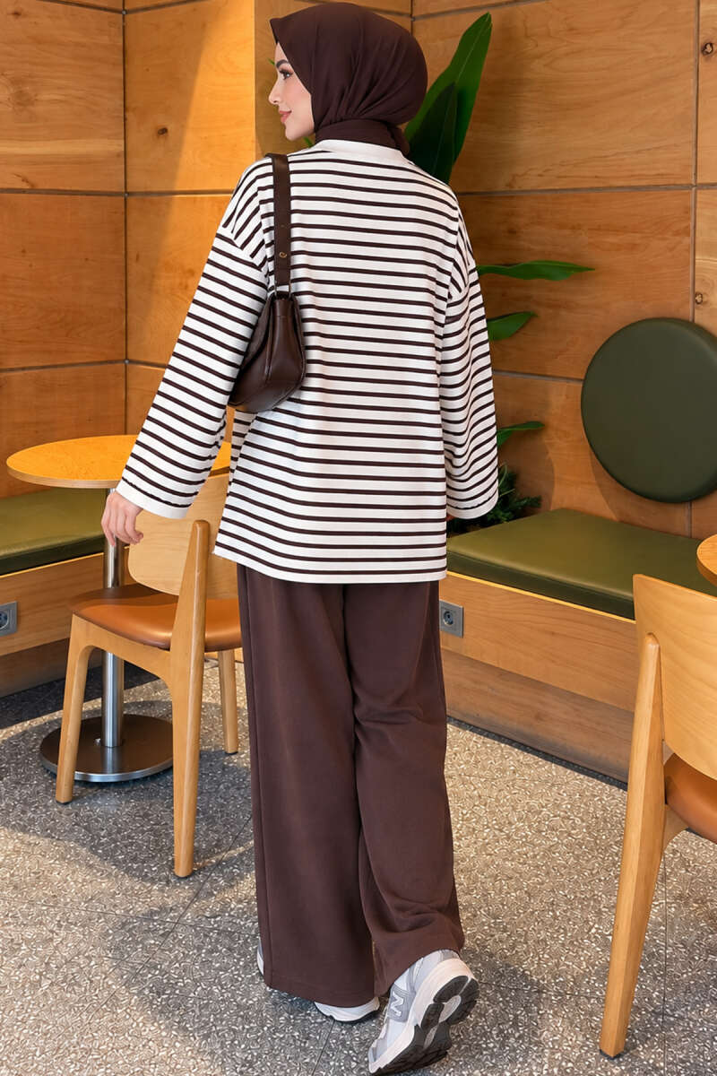 Striped Crew-Neck Tunic with Slits - Brown