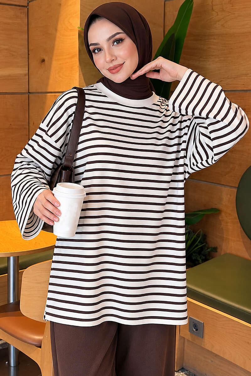 Striped Crew-Neck Tunic with Slits - Brown