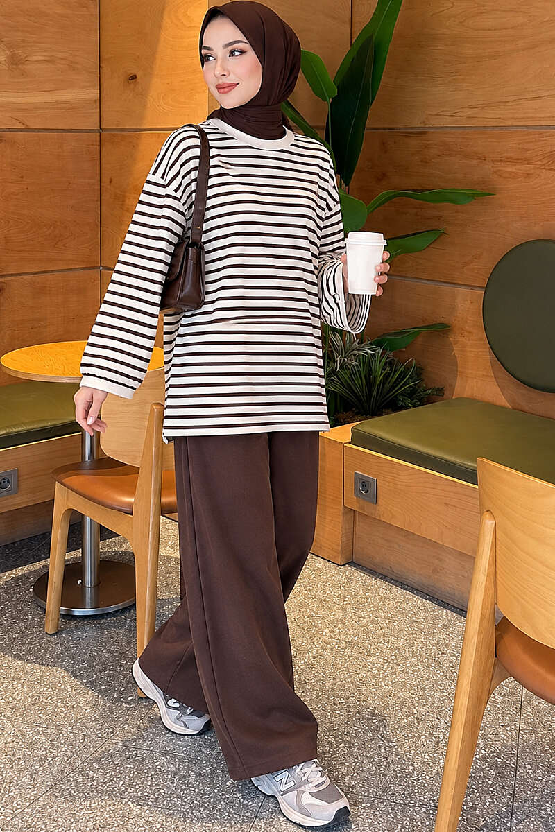 Striped Crew-Neck Tunic with Slits - Brown